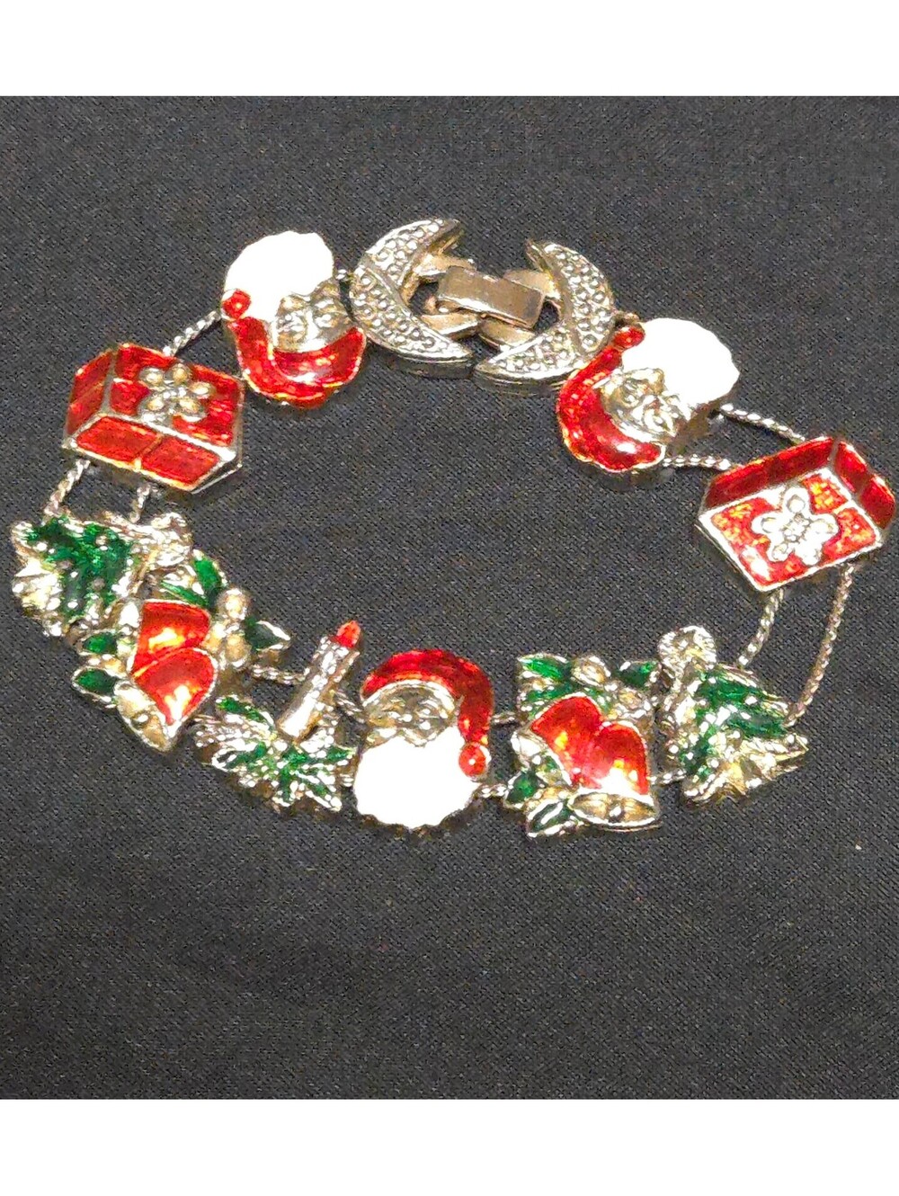 Vintage Christmas Charm Slide Bracelet Santa Bells Gifts Enamel Rhinestone 7"